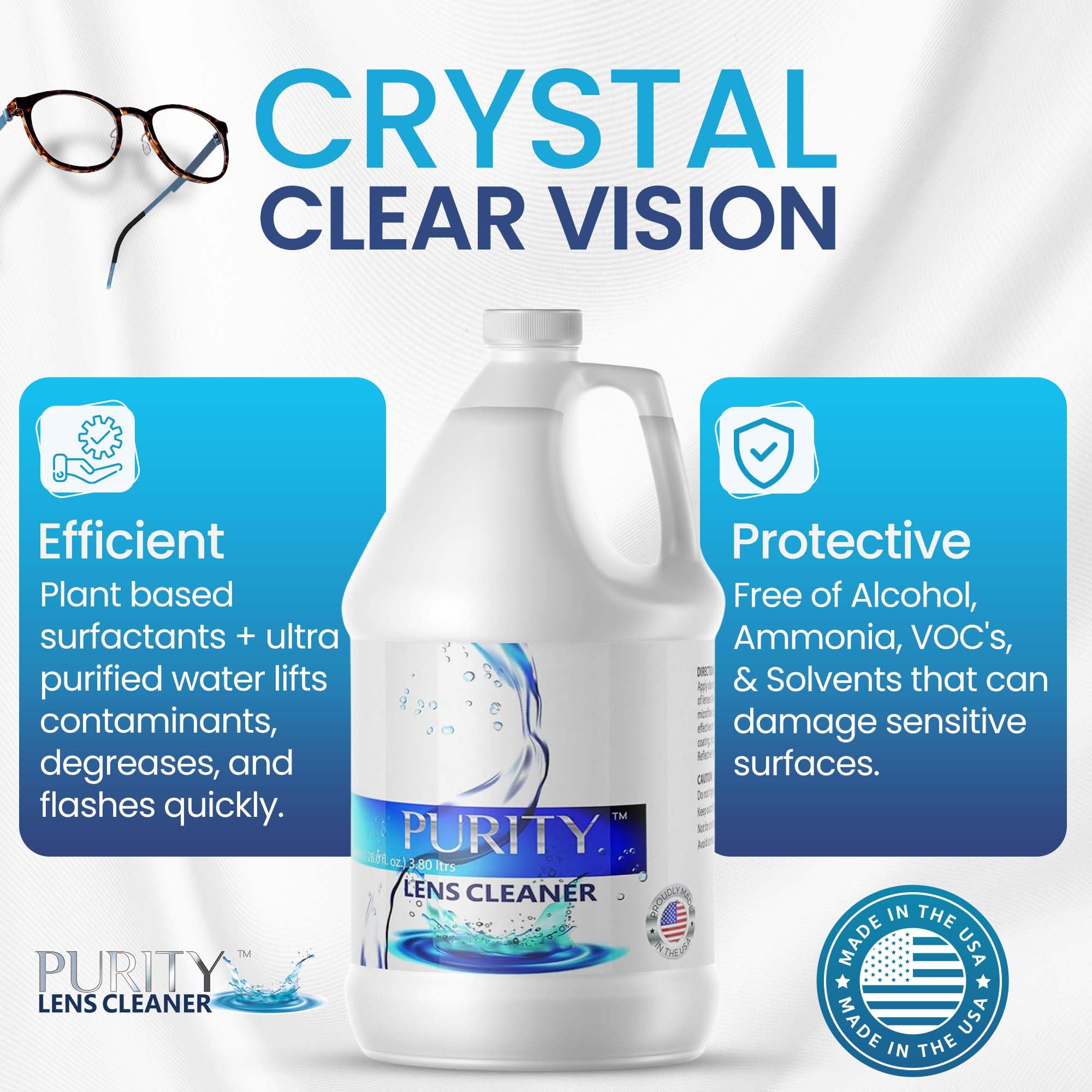 Purity Nettoyant – évite les stries et résidus sur les lentilles.
