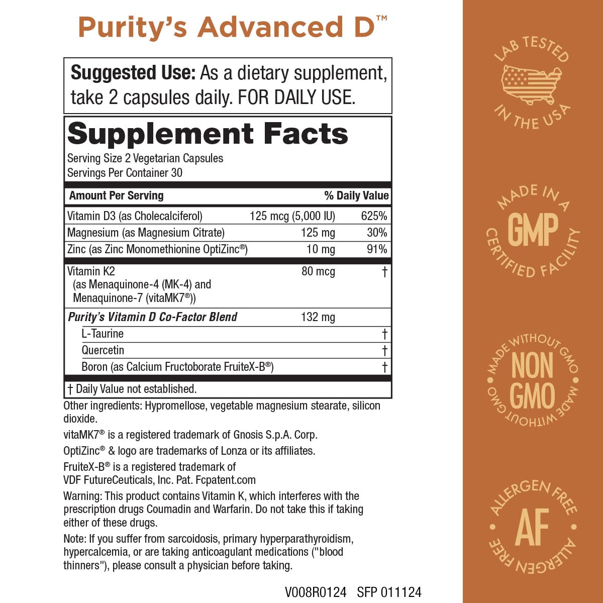 Purity Products Advanced D, étiquette nutritionnelle détaillant les cofacteurs.
