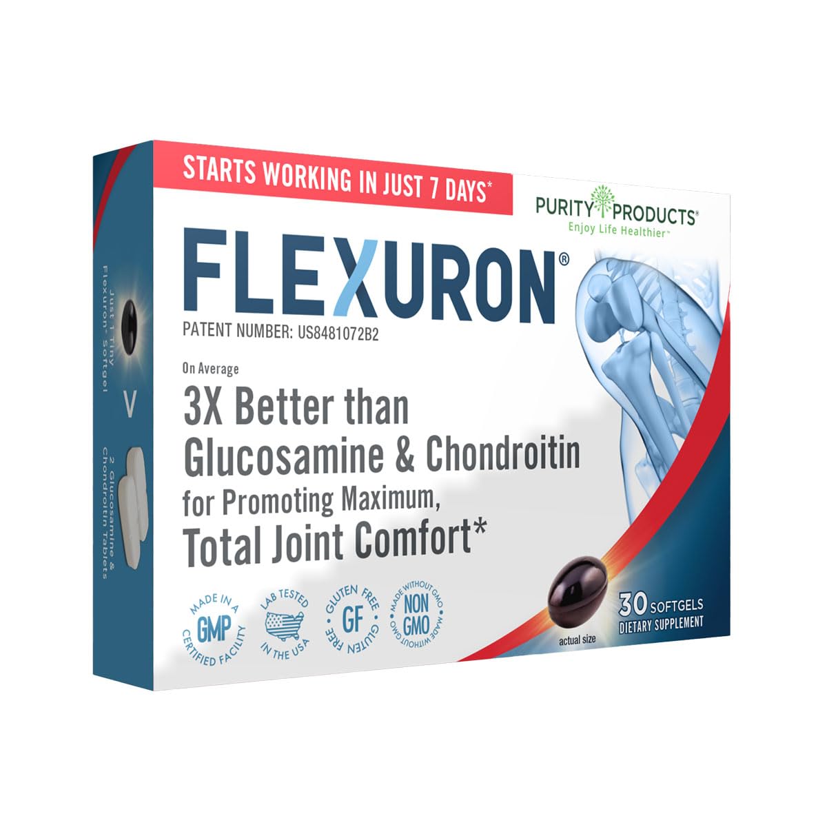 Purity Products Flexuron, bouteille gélule molle, soutien durable des articulations au quotidien.