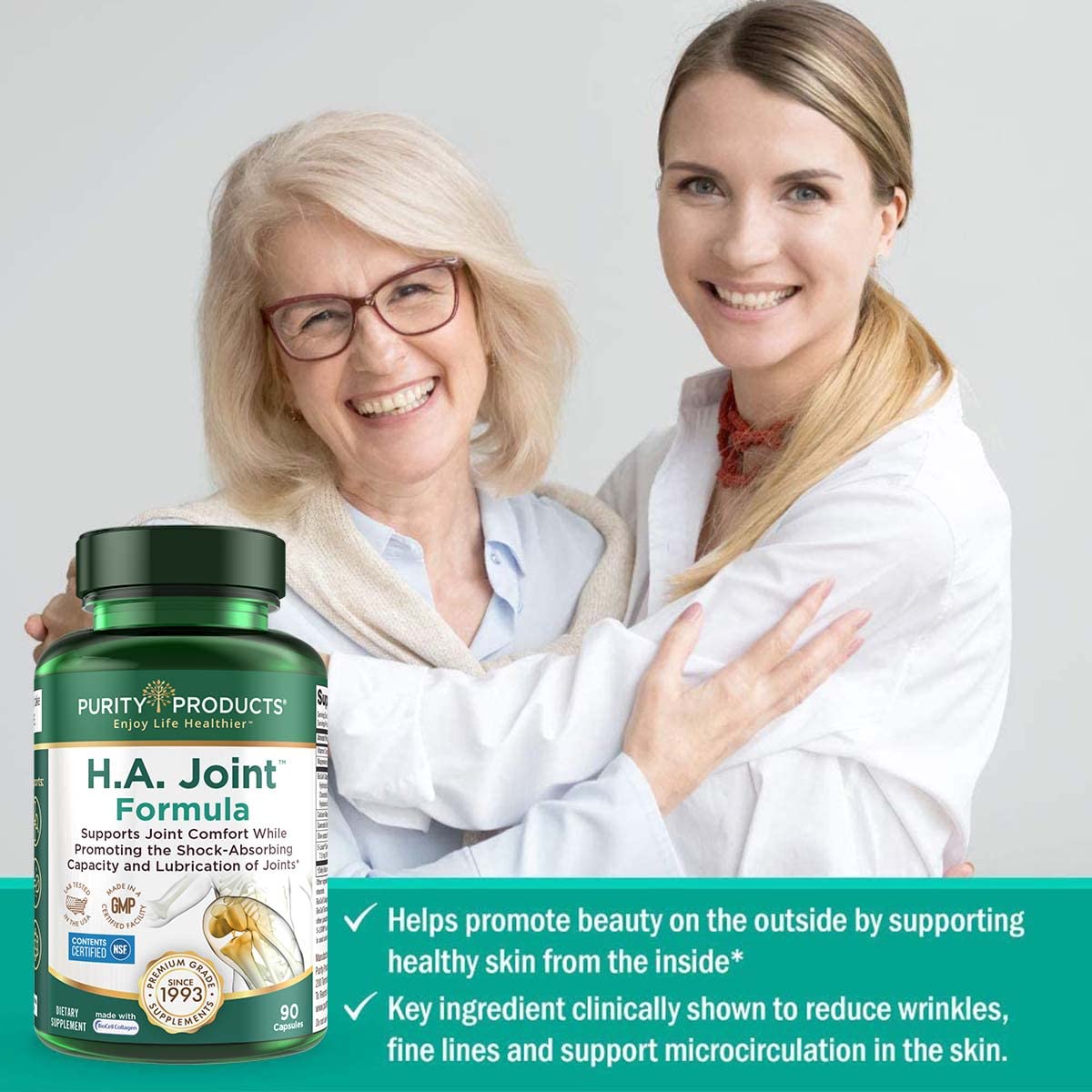Purity Products HA Joint Formula – étiquette: présentation claire des cofacteurs et ingrédients.