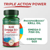 Purity Products Krill Omega 50+ CoQ10, tableau dosage — prise quotidienne pratique.