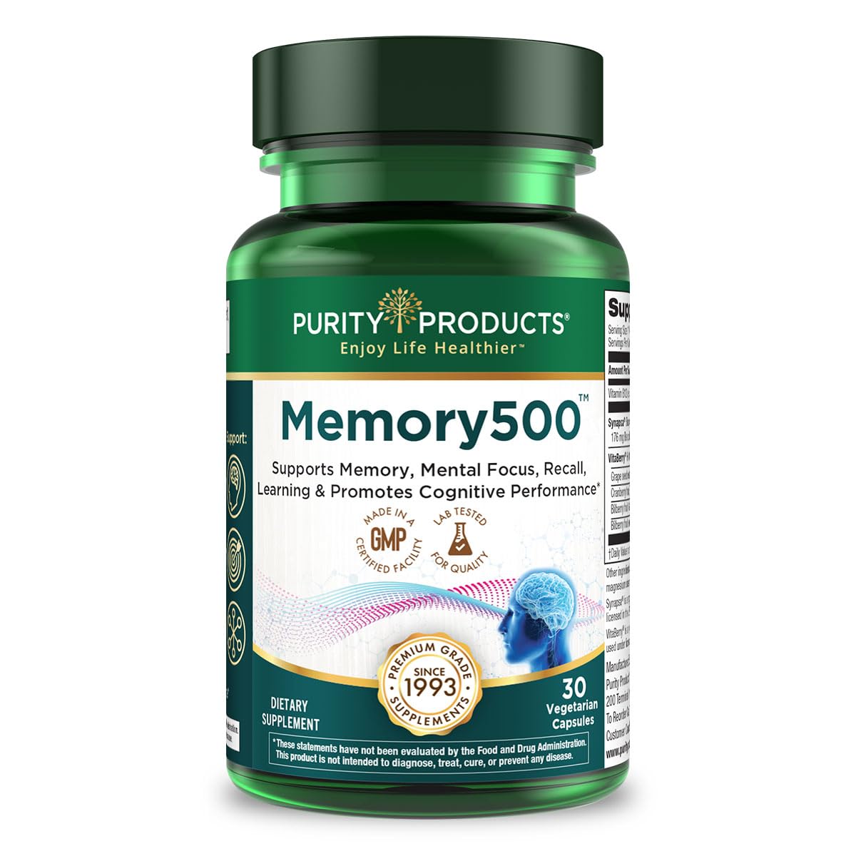 Purity Products Memory500 – bouteille visible, potentiel soutien des fonctions cognitives au quotidien.