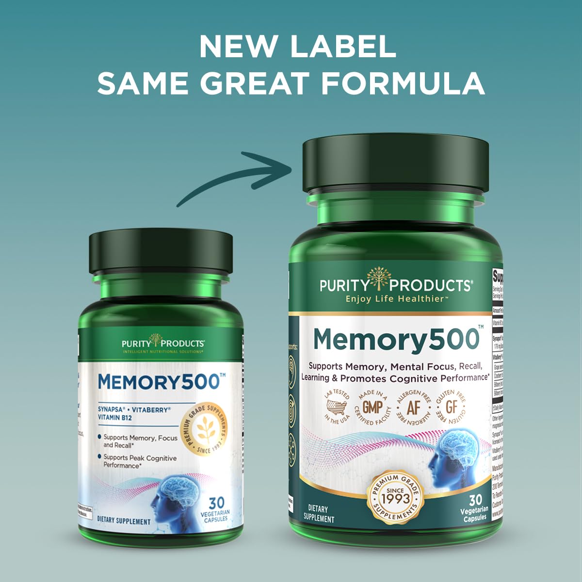 Purity Products Memory500 – emballage sobre attestant d'une formulation standardisée.
