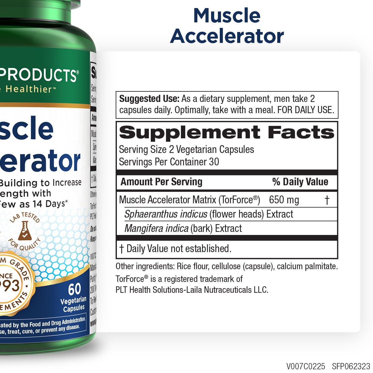 Purity Products Muscle Accelerator – étiquette claire pour suivre le dosage et les conseils.