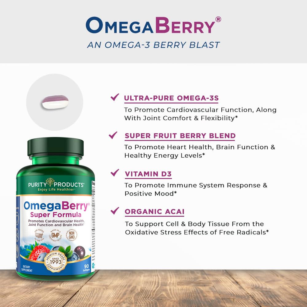 Purity Products OmegaBerry: mélange de gélules et doseur pour un dosage précis.
