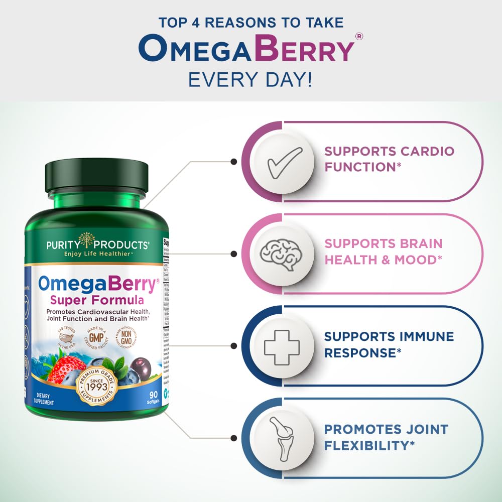 Purity Products OmegaBerry: étiquette présentant DHA, EPA et DPA pour un dosage clair.