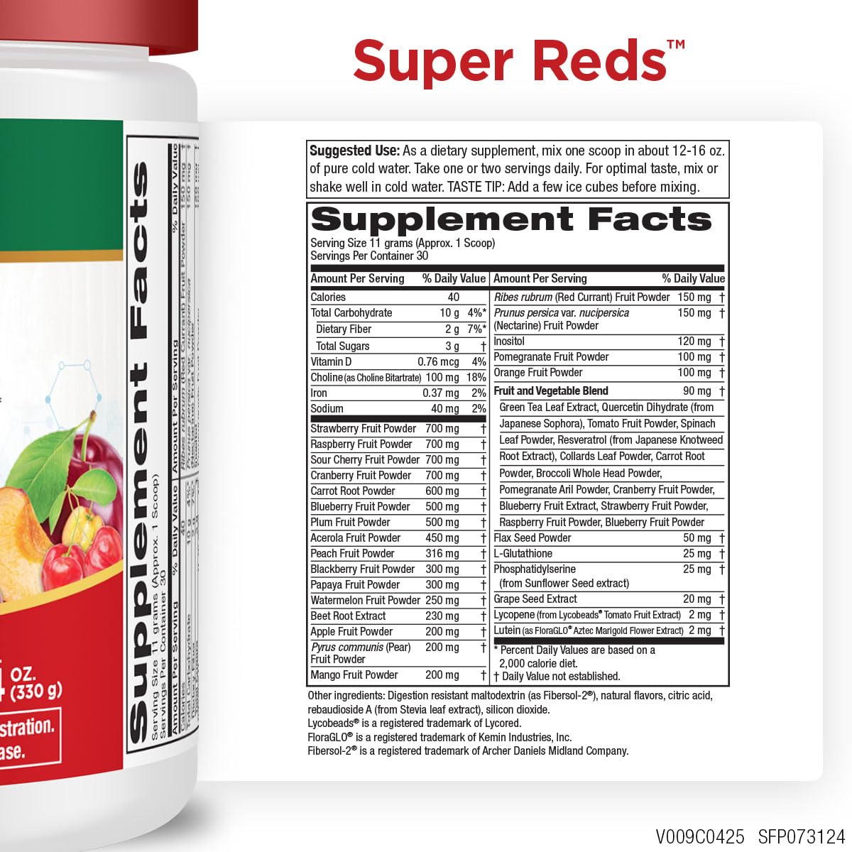Purity Products Super Reds doseur montrant une portion quotidienne pratique