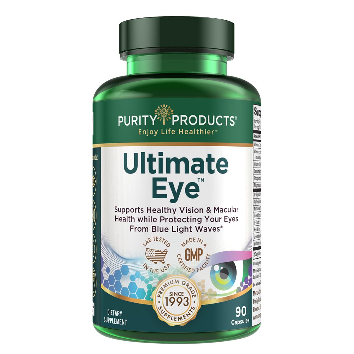 Purity Products Ultimate Eye – bouteille montrant le complément, protection possible contre lumière bleue.