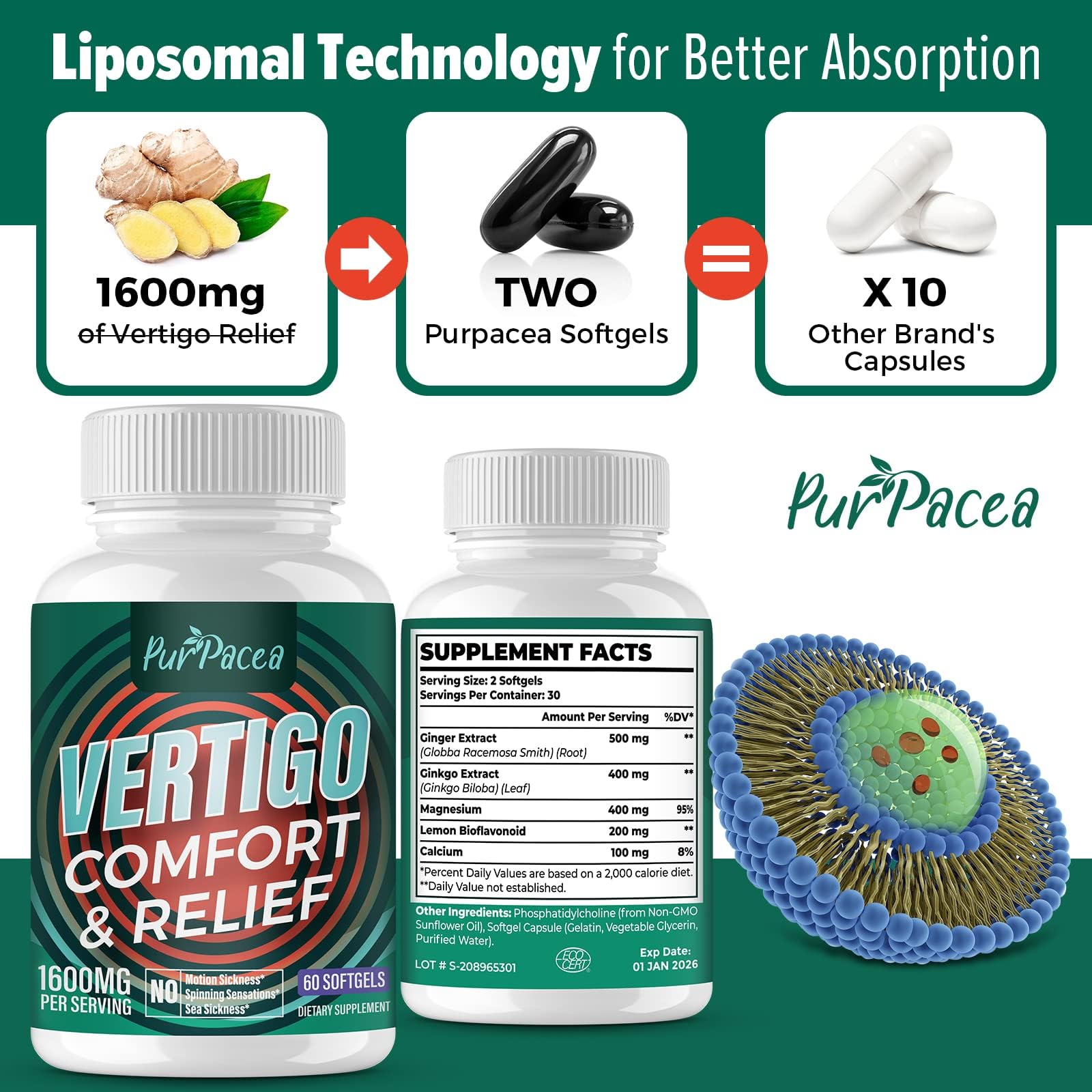 Purpacea liposomale vertige, gélules visibles, absorption améliorée pour le confort pendant les activités.