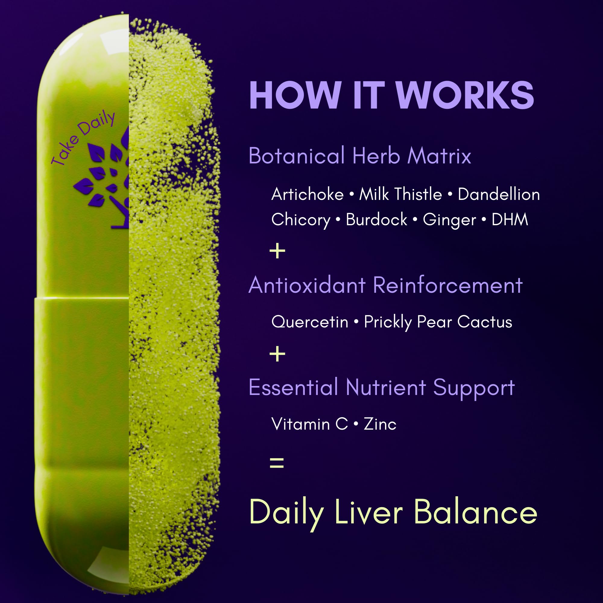 Purple Tree Happy Liver Daily – étiquette produit, facile à repérer et guide d'utilisation clair.