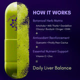 Purple Tree Happy Liver Daily – étiquette produit, facile à repérer et guide d'utilisation clair.