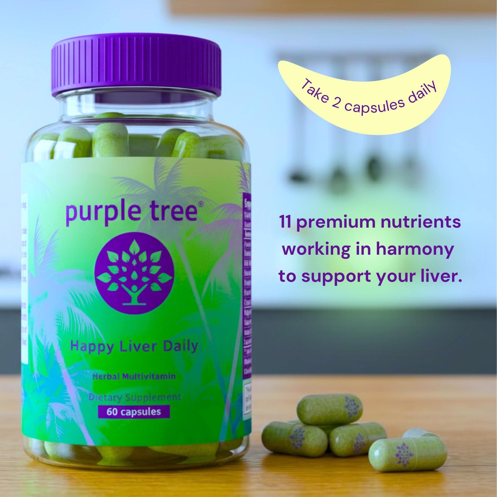 Purple Tree Happy Liver Daily – gélules végétales, soutien hépatique quotidien et formulation végane.