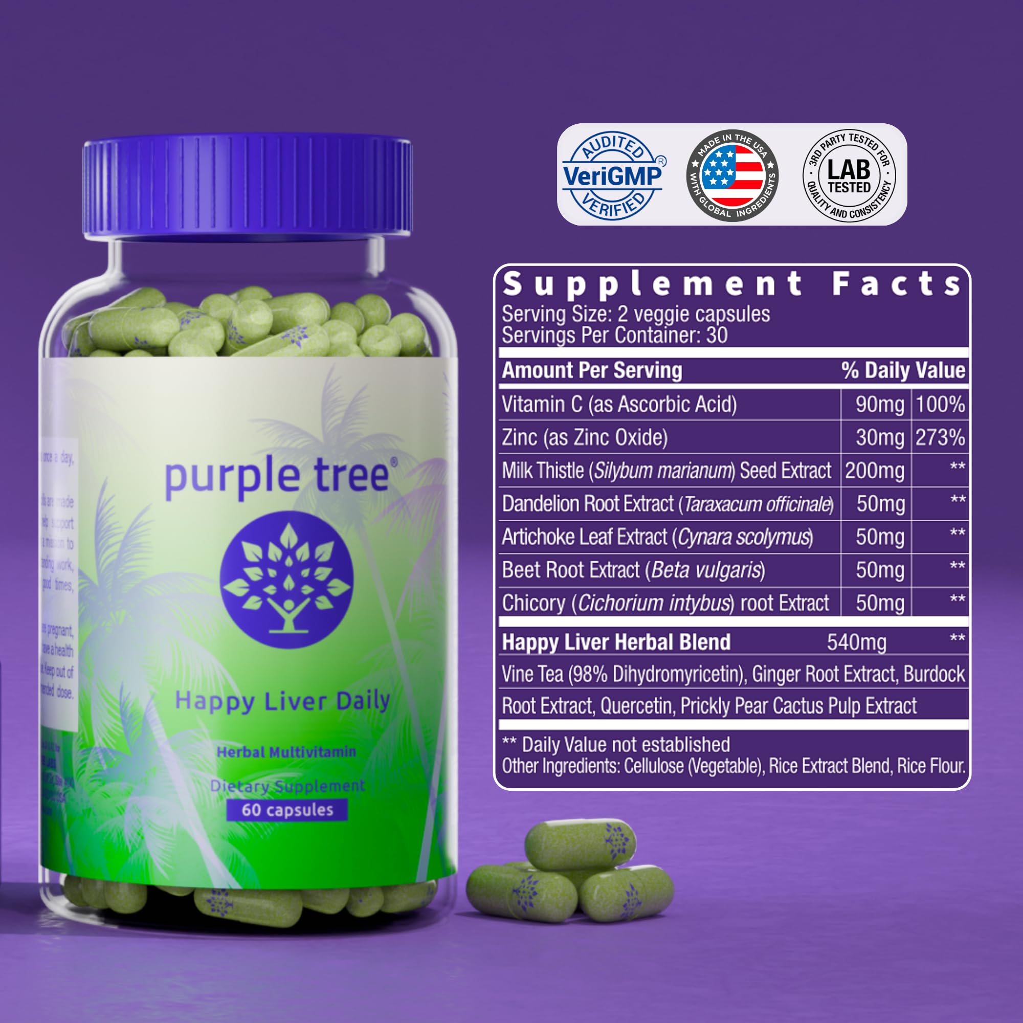 Purple Tree Happy Liver Daily – tableau nutritionnel clair pour choisir votre routine.