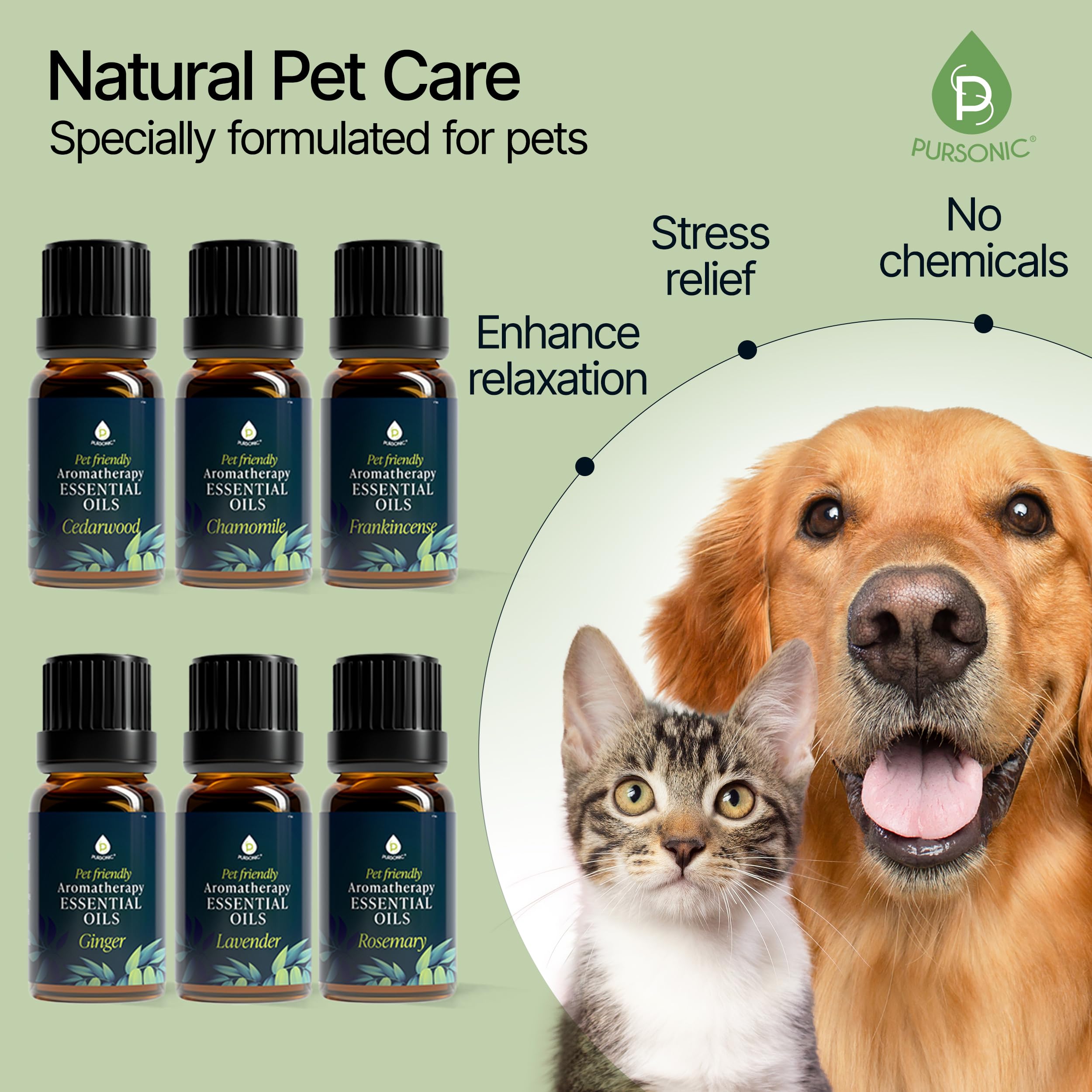 Pursonic bouteilles d'huiles pour animaux, facilité d'utilisation et apaisement.