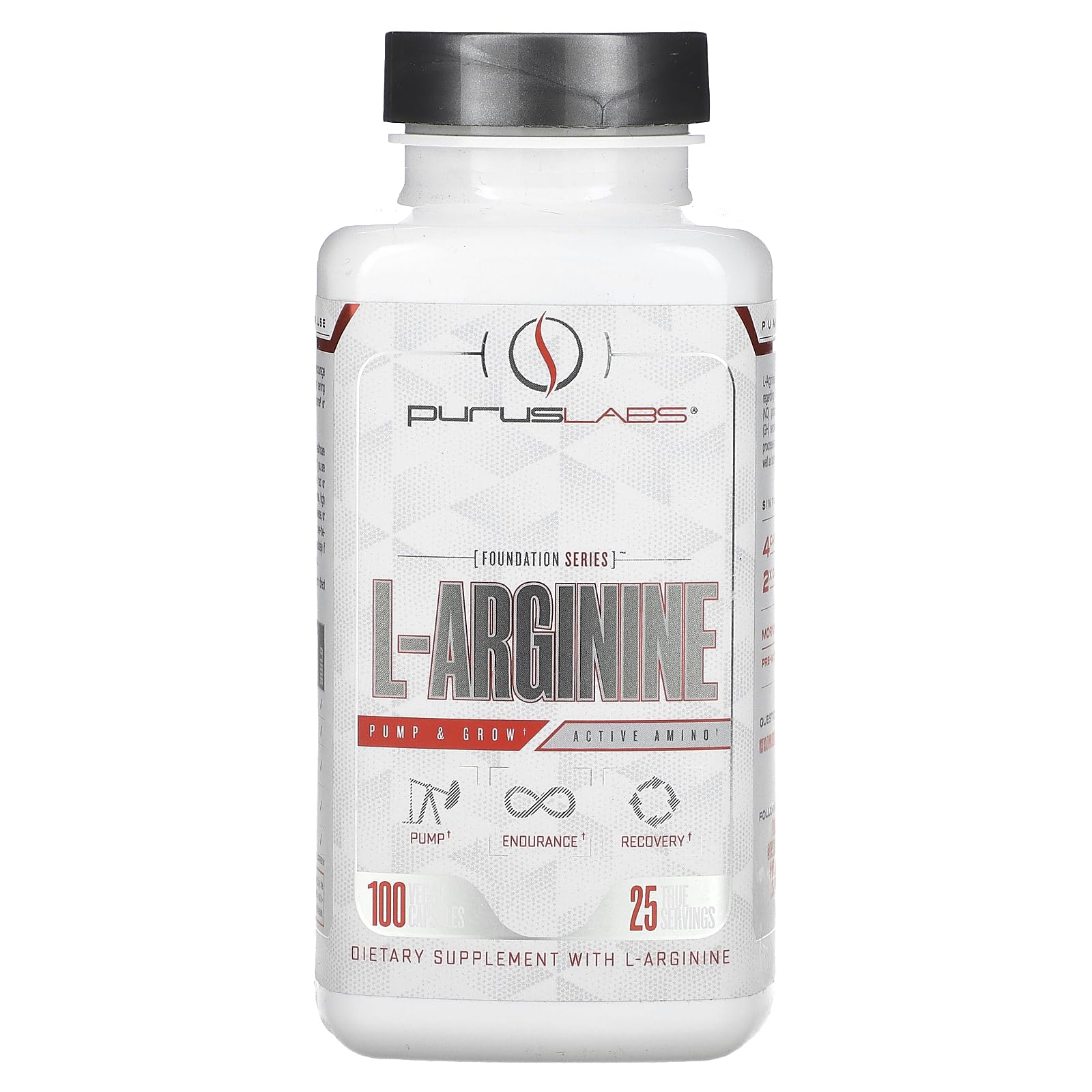 Purus Labs L-Arginine Active — bouteille montrant le produit et son potentiel d'endurance.