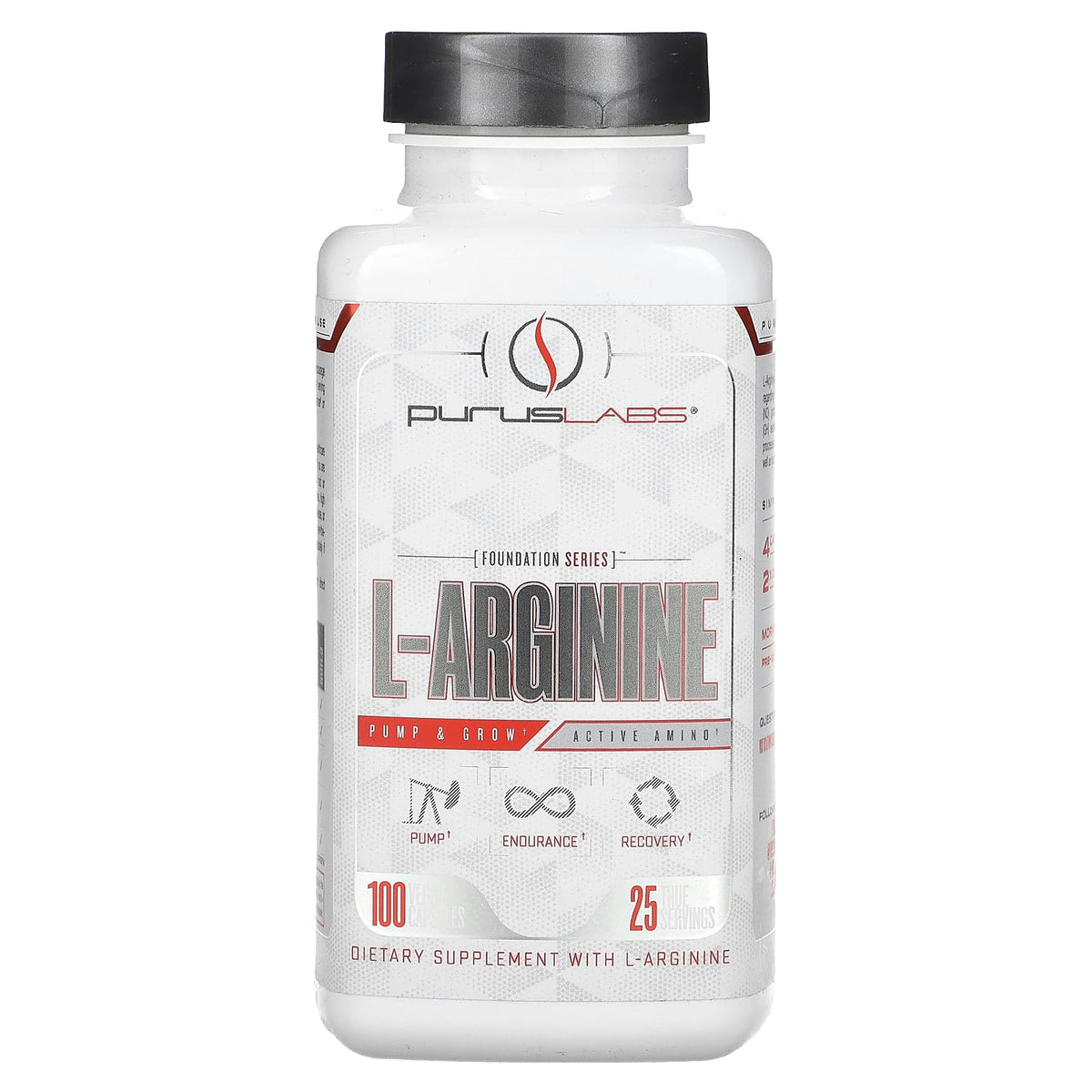 Purus Labs L-Arginine Active — bouteille montrant le produit et son potentiel d'endurance.