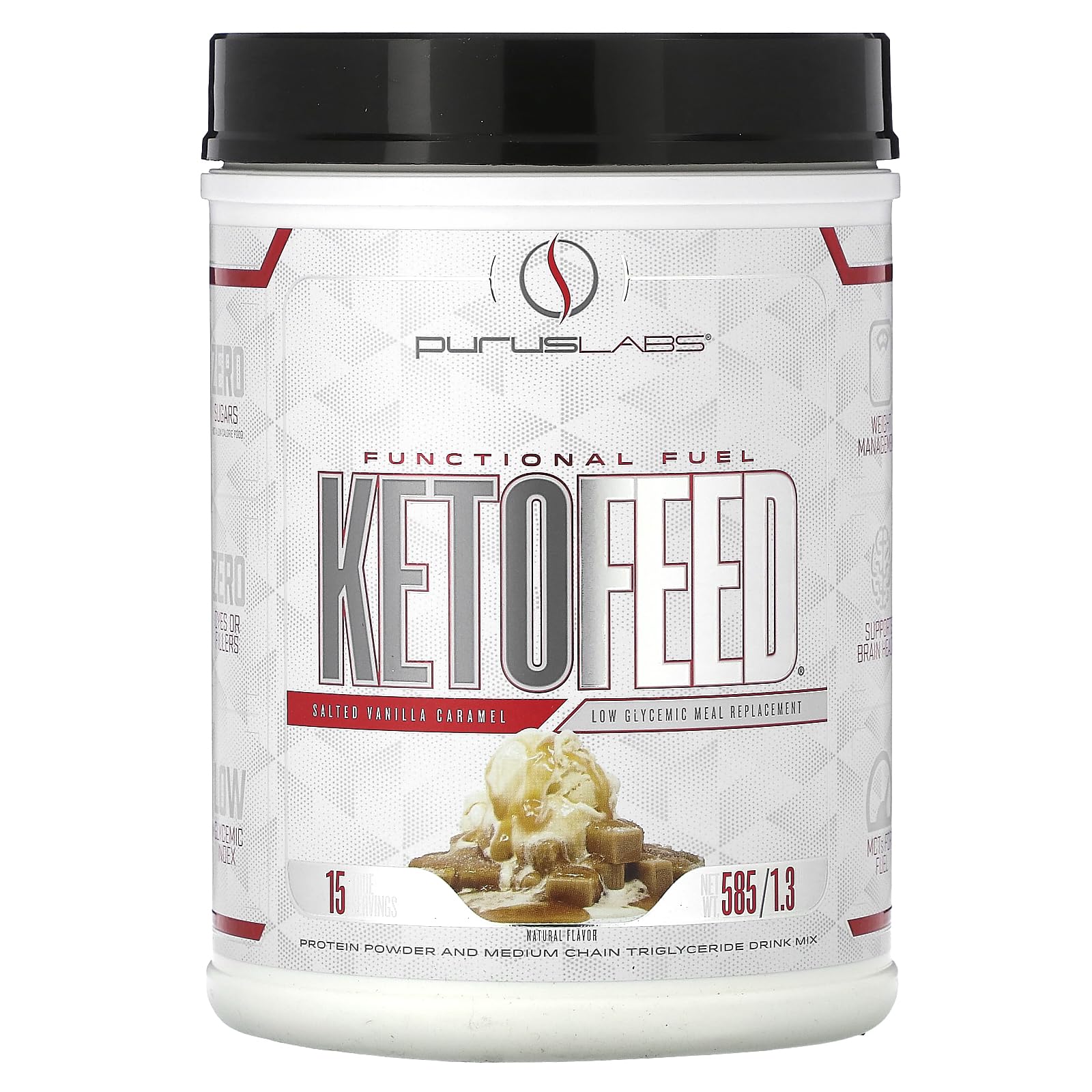 Purus Labs KetoFeed en bouteille goût caramel vanille salé, soutien potentiel au régime céto.