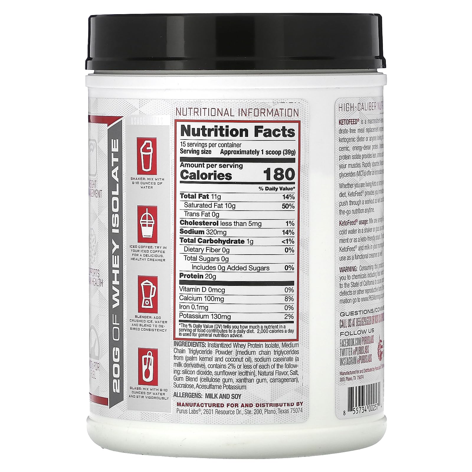 Protéine Purus Labs KetoFeed en poudre prête à mélanger pour énergie après l'entraînement.