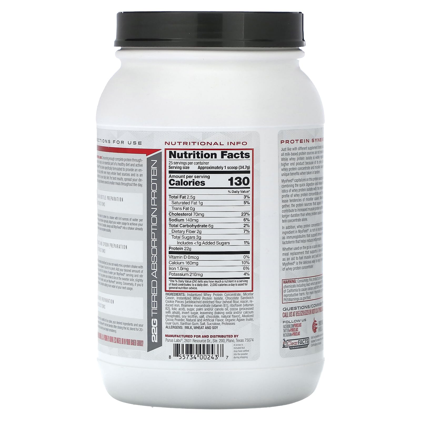 Purus Labs MyoFeed - cuillère-dose protéine chocolat cookie crunch, idéal pour préparer un shake rapide.