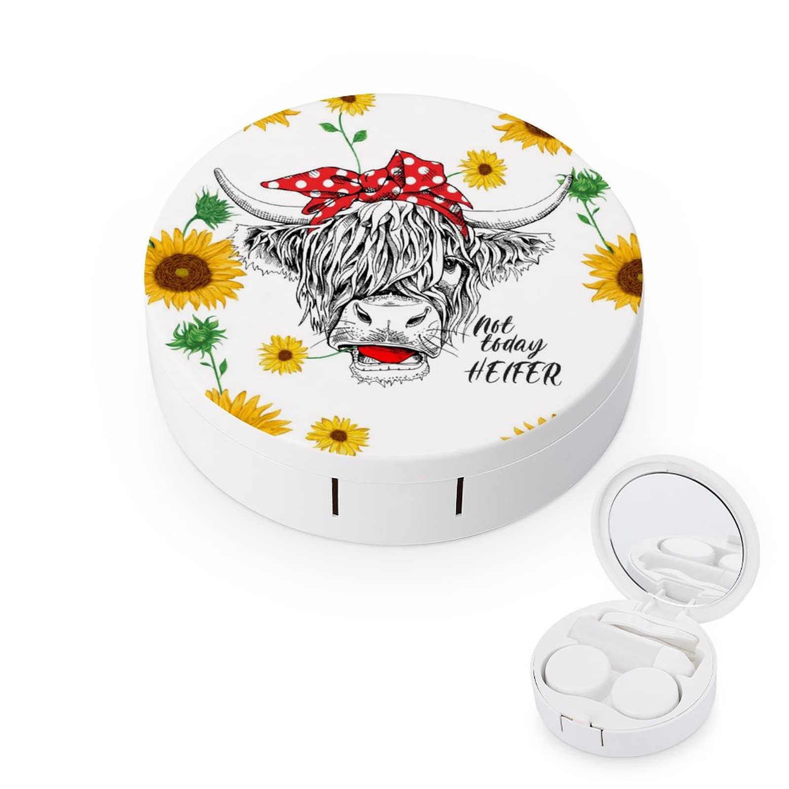 Étui lentilles PutDiDi motif vache-tournesol avec miroir pratique.