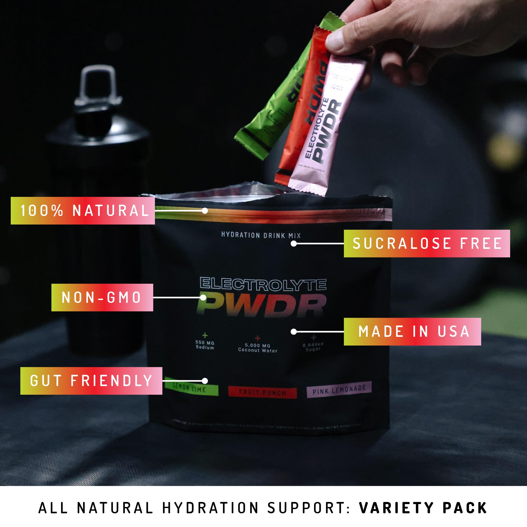 PWDRS Electrolytes: eau de coco riche en électrolytes pour la récupération naturelle.