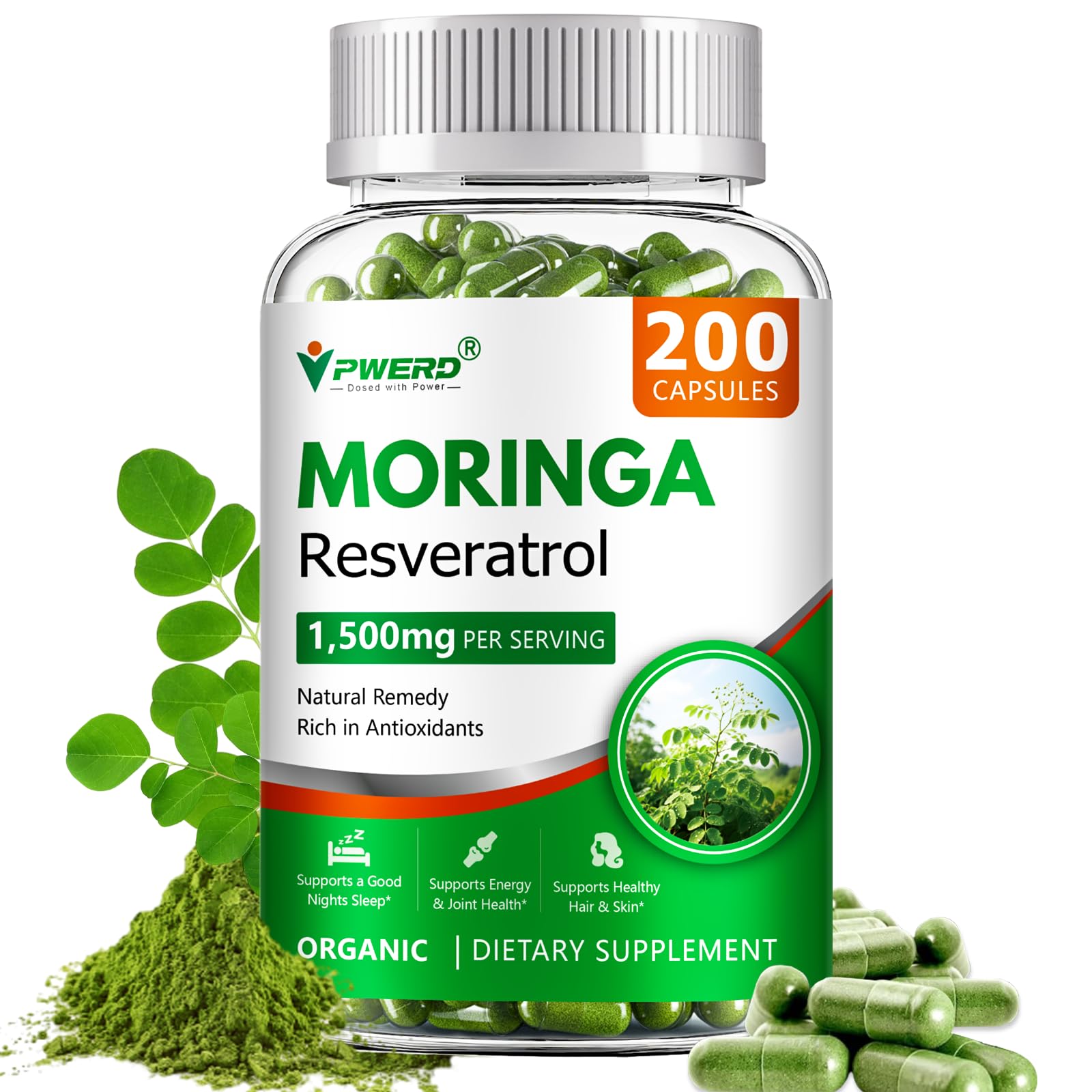 Gélules PWERD Moringa – bouteille 200, énergie durable et soutien potentiel.