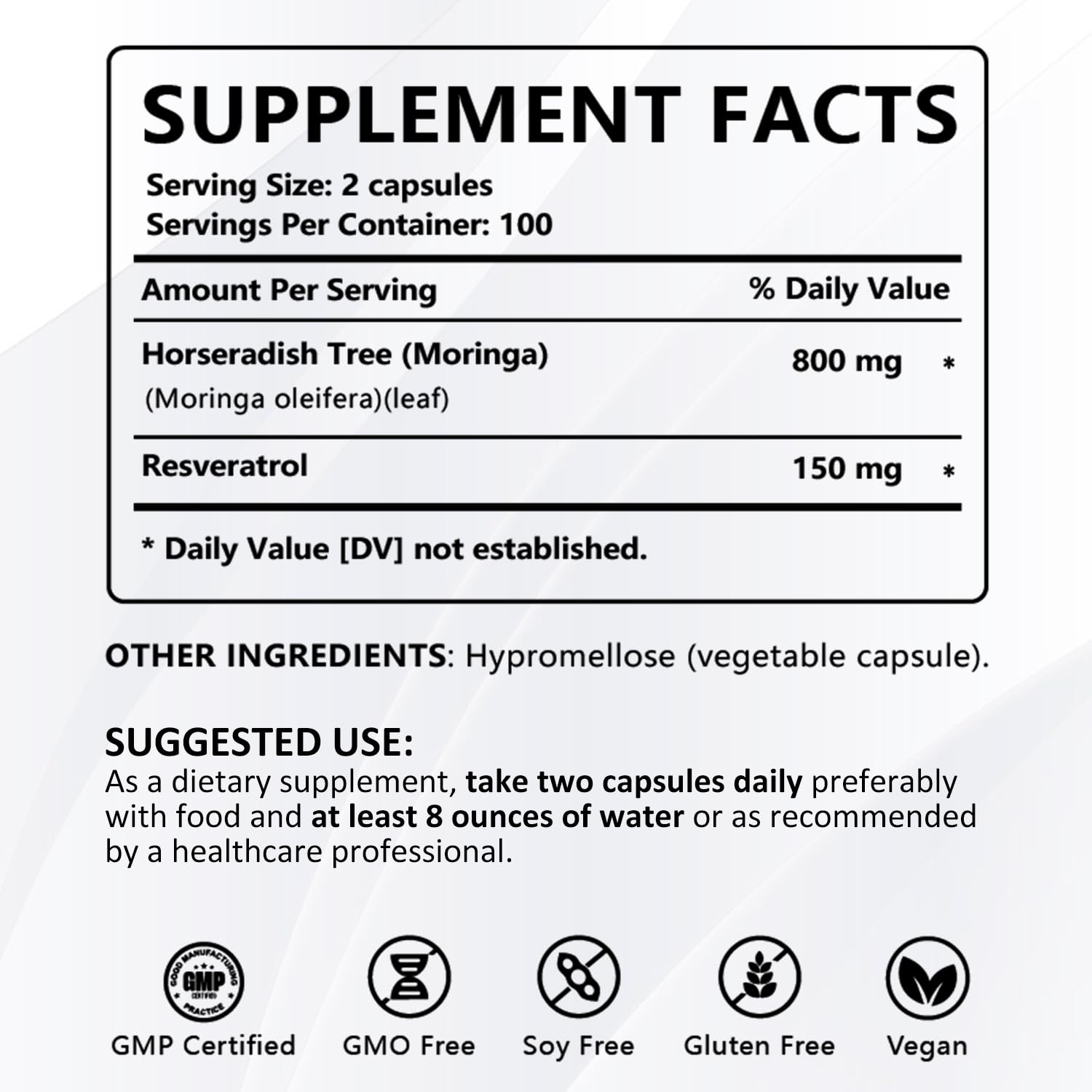Gélules PWERD Moringa – tableau d'ingrédients, pureté et actifs bénéfiques.