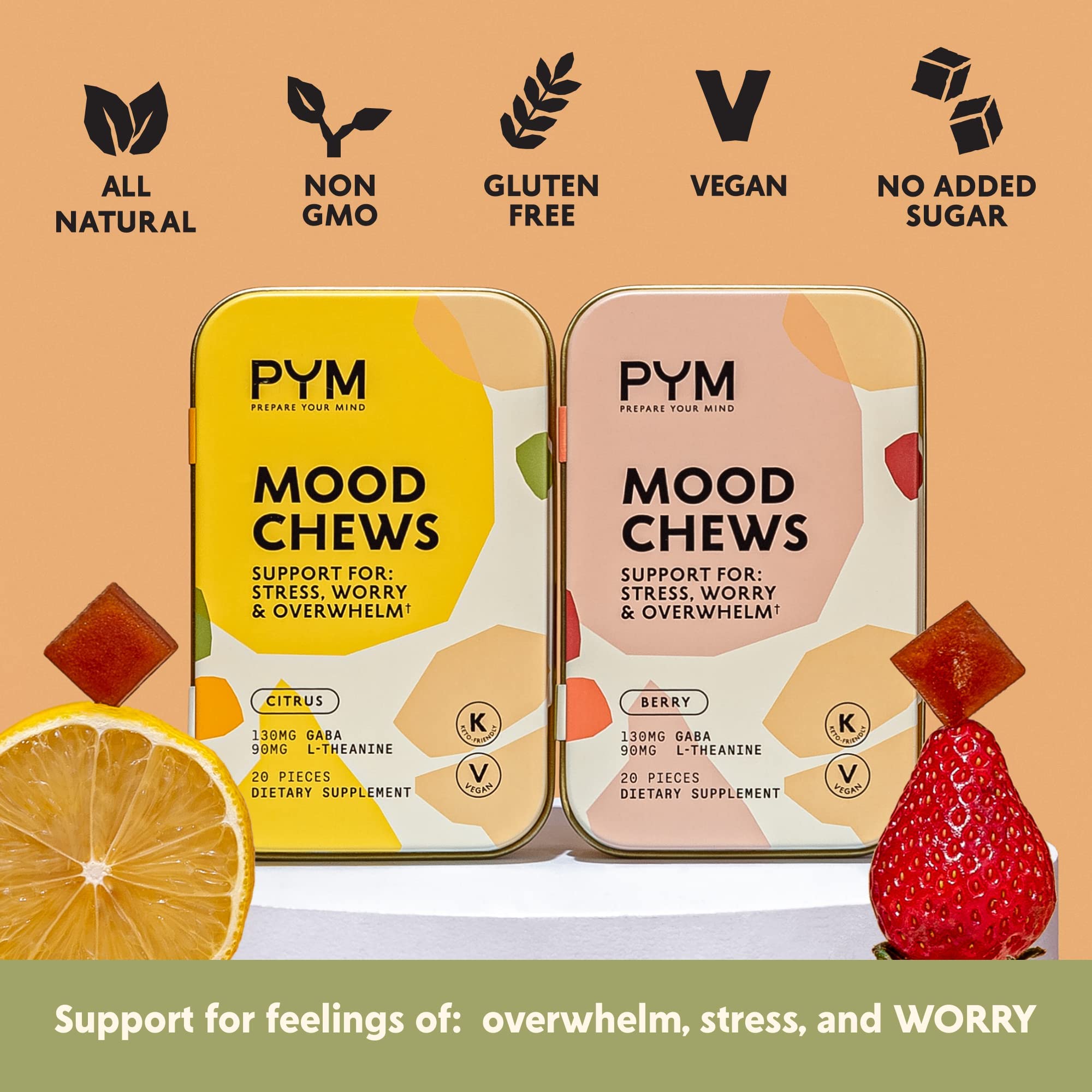 Gommes PYM Health Citrus Mood sur plan de travail, expérience sensorielle agréable et rafraîchissante.