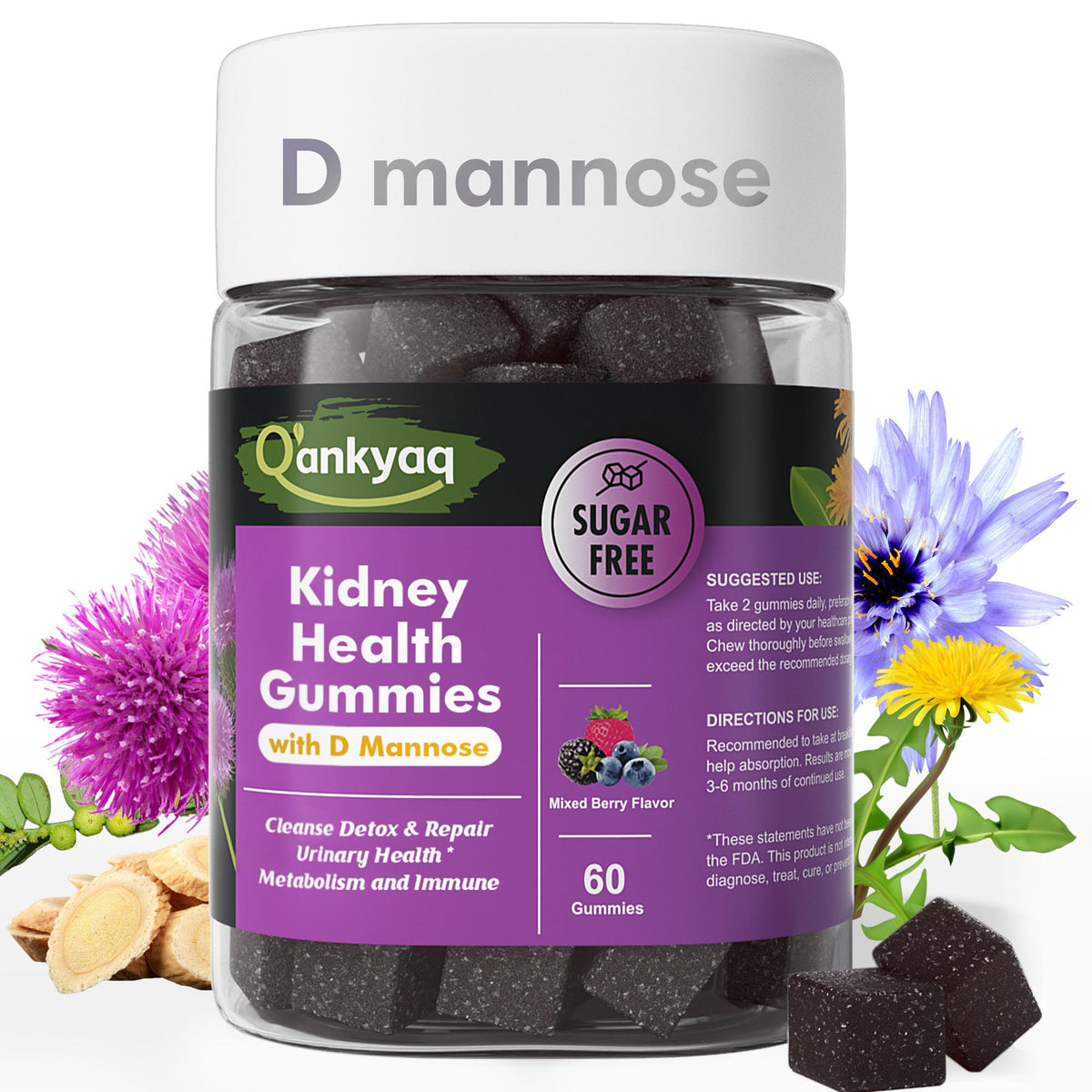 Gommes D-mannose de Q'ankyaq dans une bouteille, soutien potentiel des voies urinaires.