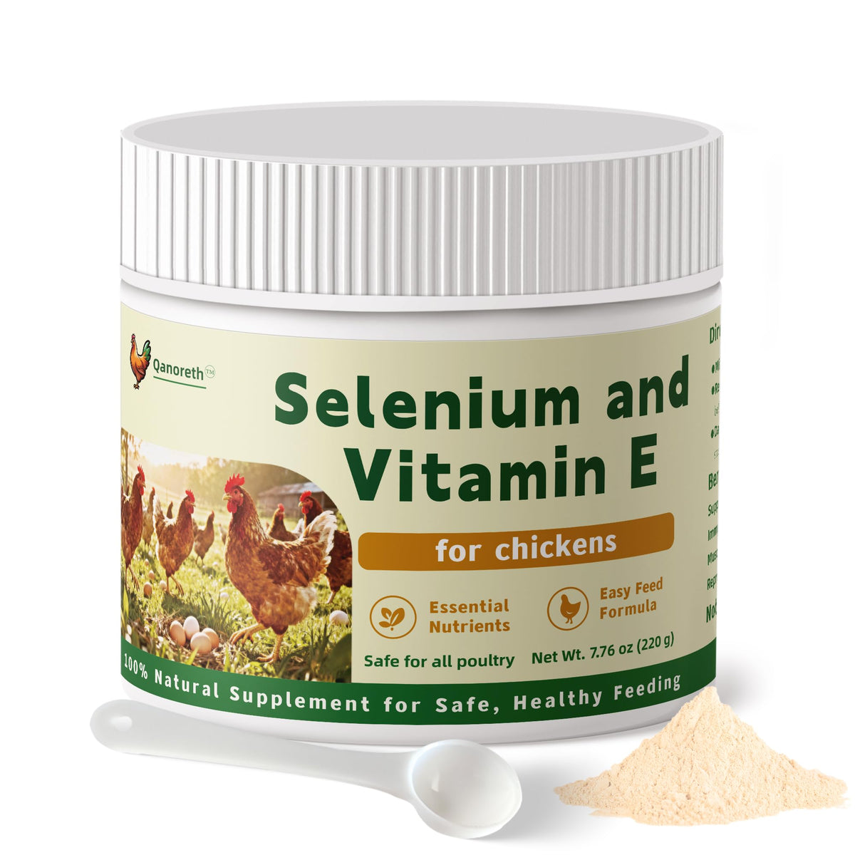 Qanoreth poudre sélénium vitamine E pour poulets, intégration facile à l’alimentation.