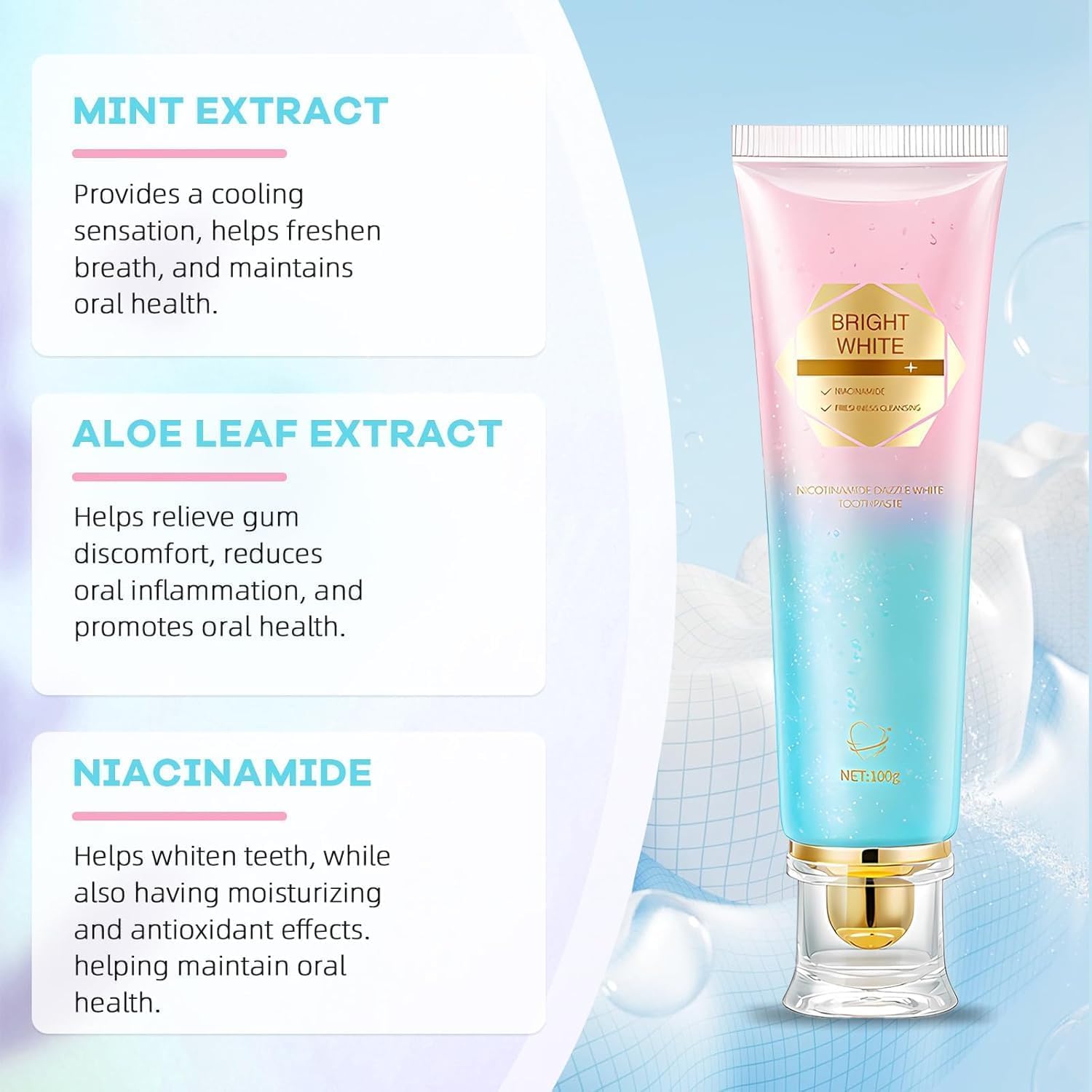 QGGQ dentifrice Niacinamide haleine fraîche jusqu’à 12 heures.