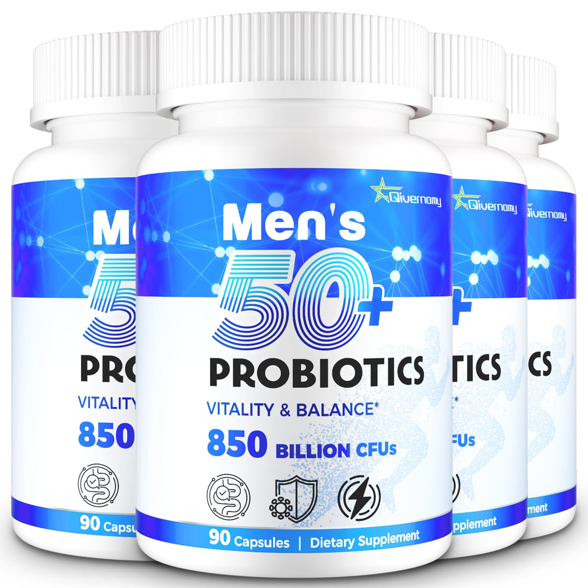 QIVERNAMY Probiotiques Hommes 50+ – bouteille: soutien digestif et énergie potentielle.