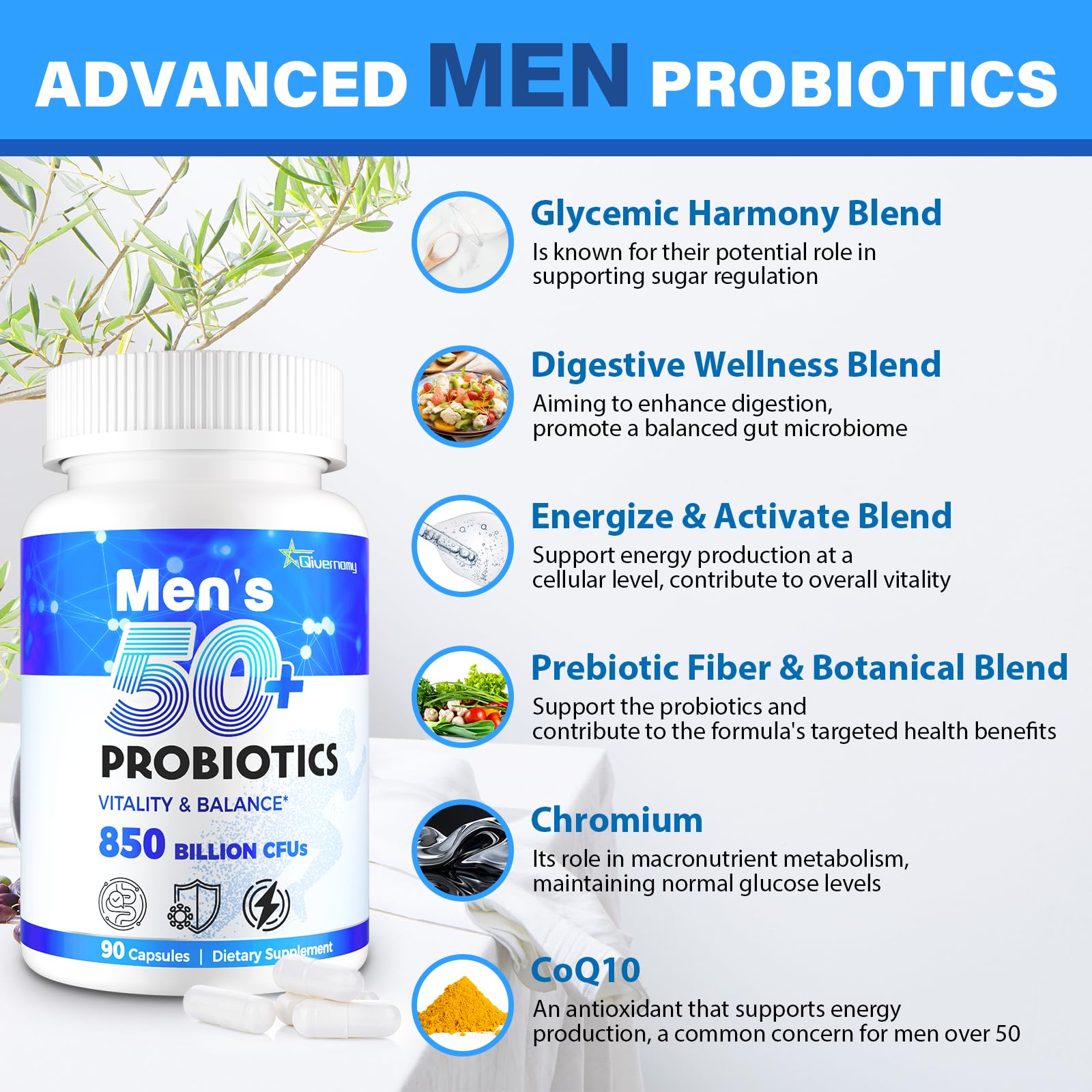 QIVERNAMY Probiotiques Hommes 50+ – mélanges 4-en-1: équilibre intestinal potentiel.