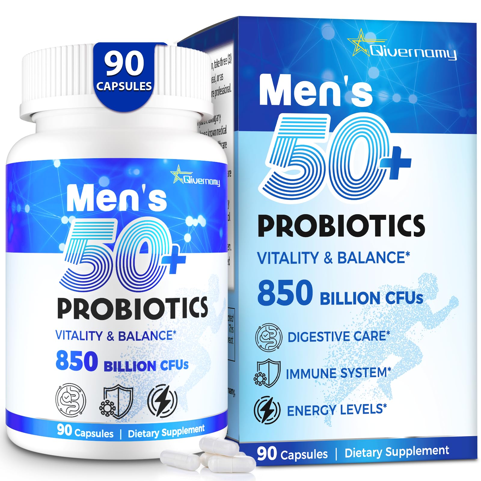 QIVERNAMY Probiotiques Hommes 50+ — bouteille pratique, convient au quotidien.