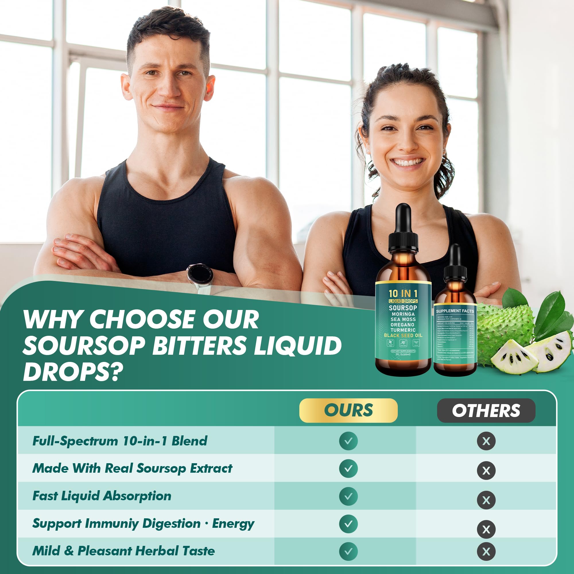 Ingrédients moringa et ashwaganda Royavita Soursop, choix naturel.