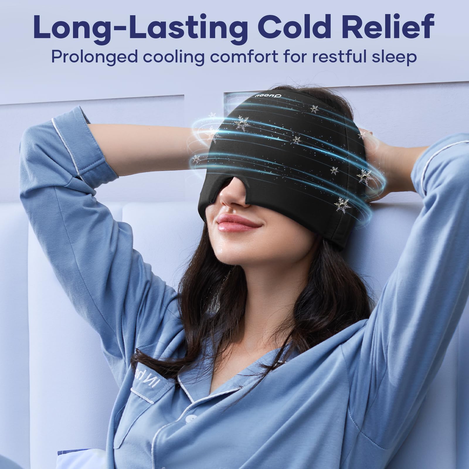 Qnoon Migraine Relief Cap montre le gel froid pour une sensation de fraîcheur.