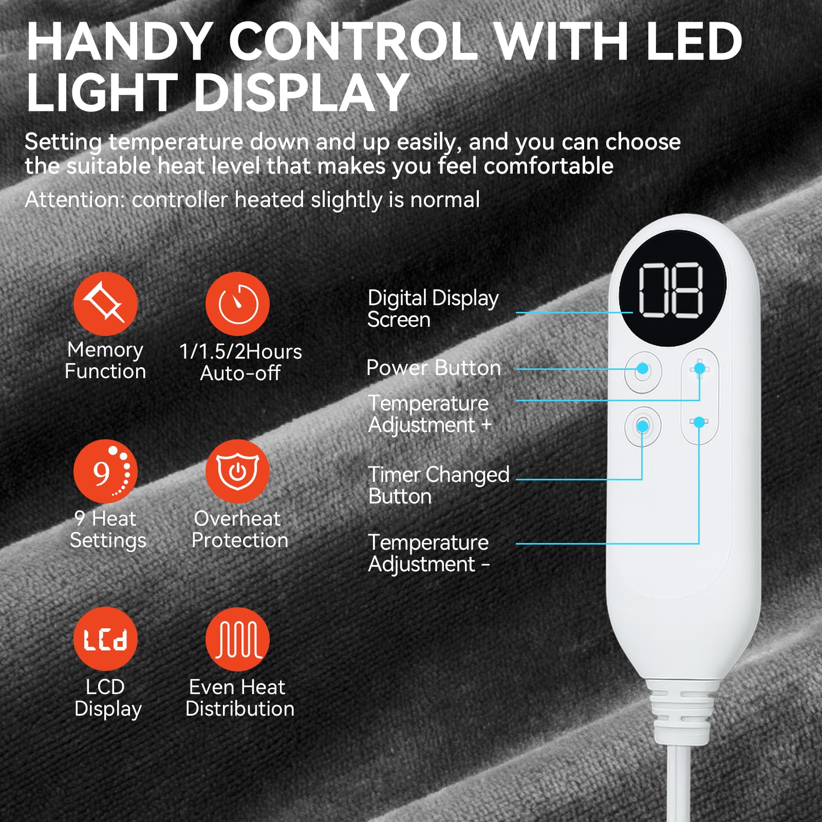 Qoosea affichage LED et commandes simples pour ajuster rapidement la chaleur.