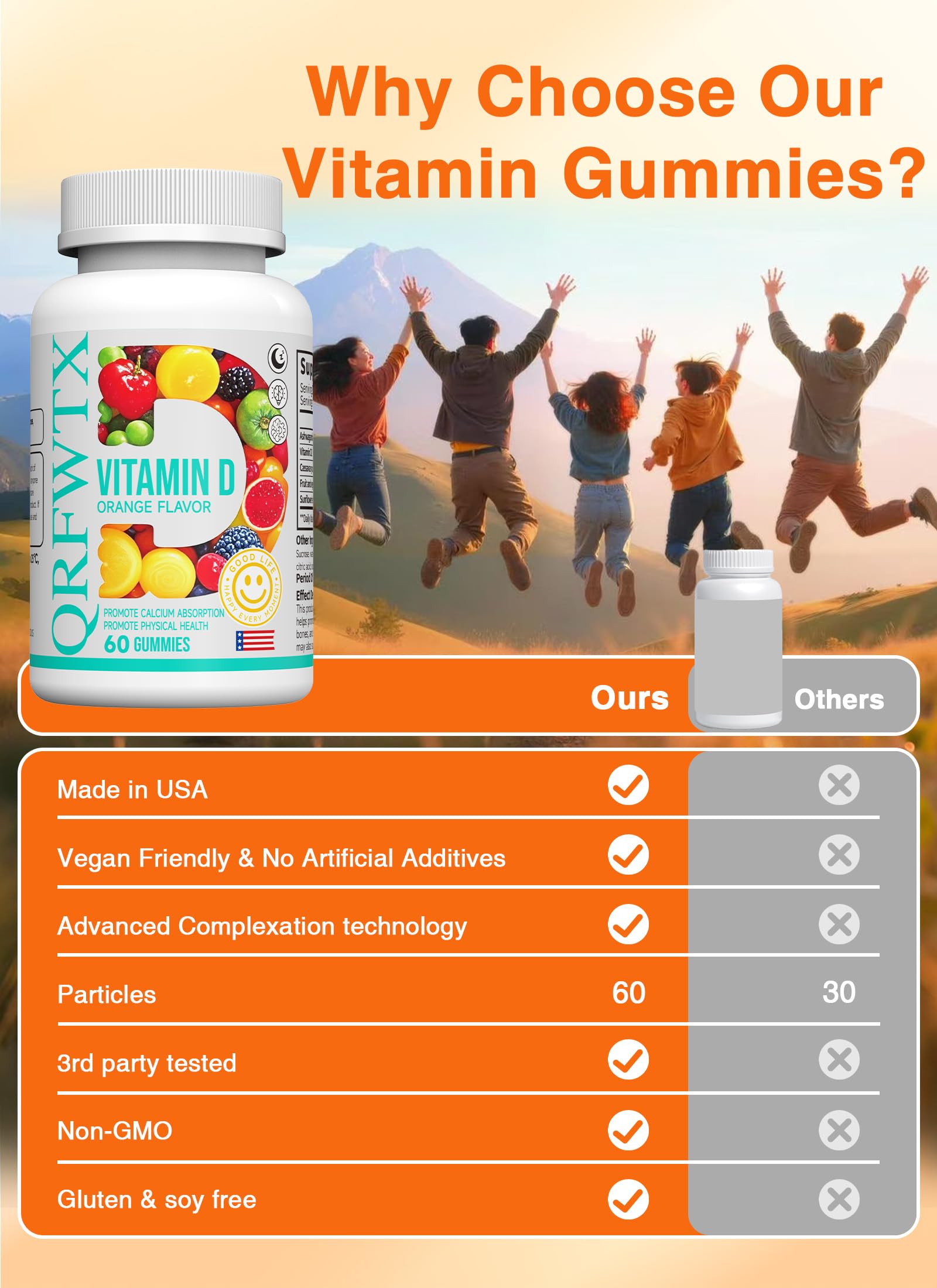 QRFWTX gommes vitamine D orange, soutien immunitaire et énergie quotidiens