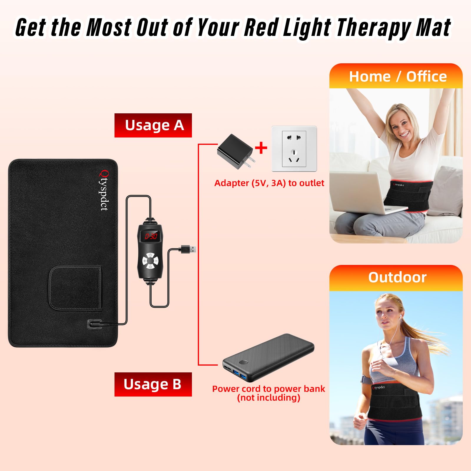 Qtyspdct tapis lumière rouge sur les jambes pour relaxation ciblée.
