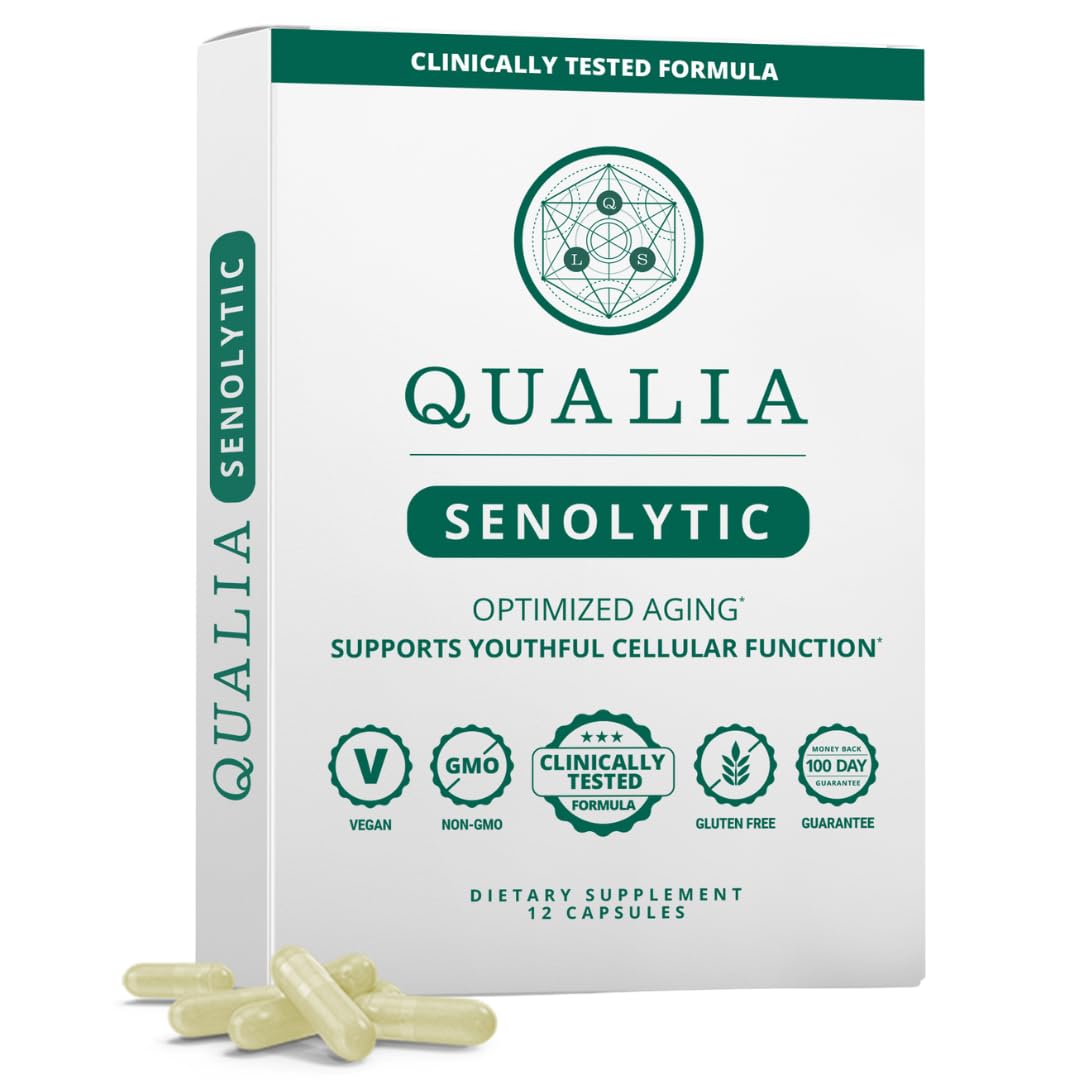 QUALIA LIFE SCIENCES Senolytic sur une bouteille montrant le produit et sa présentation, soutien potentiel du renouvellement cellulaire