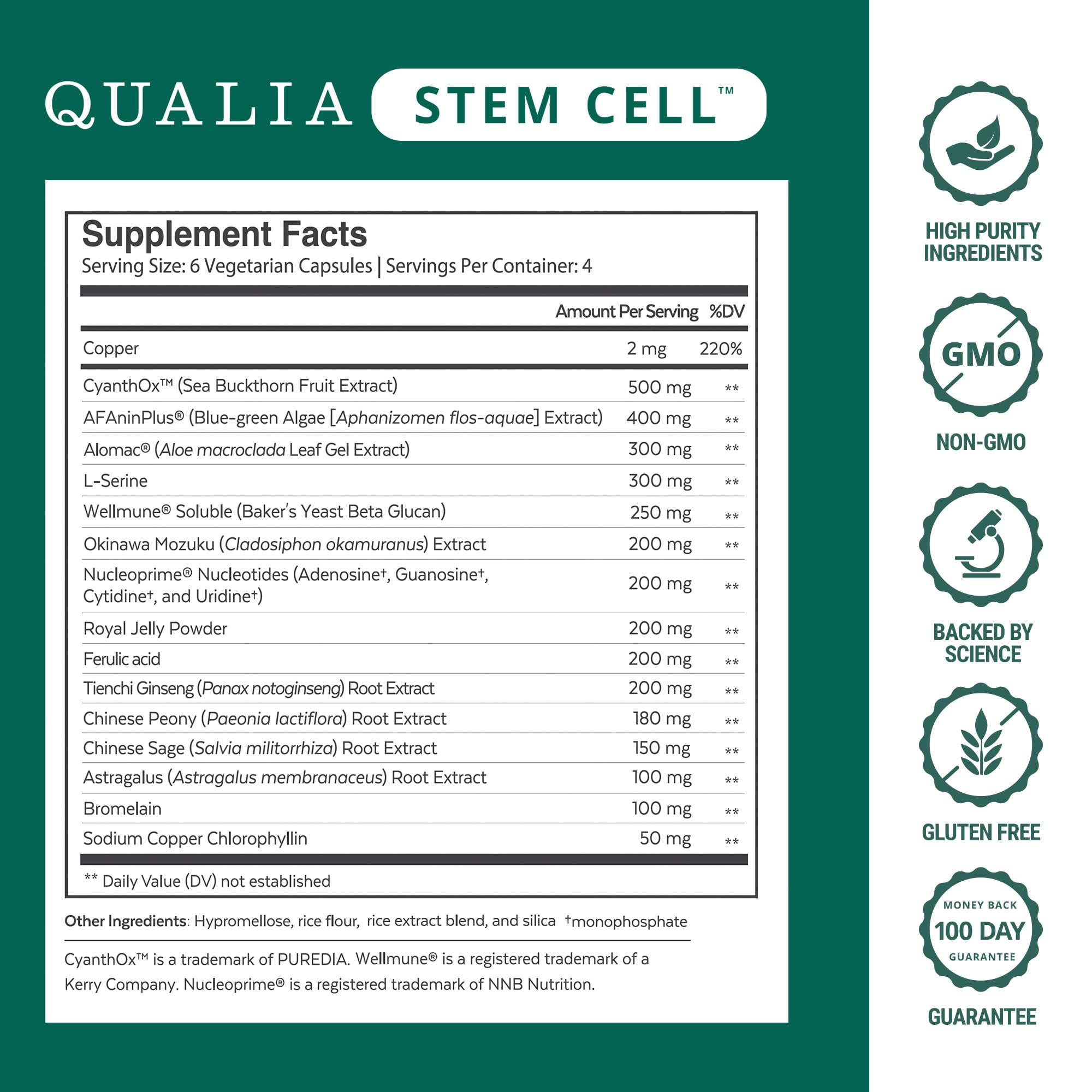 Qualia Stem Cell – ingrédients affichés, mise en avant des 16 composants.
