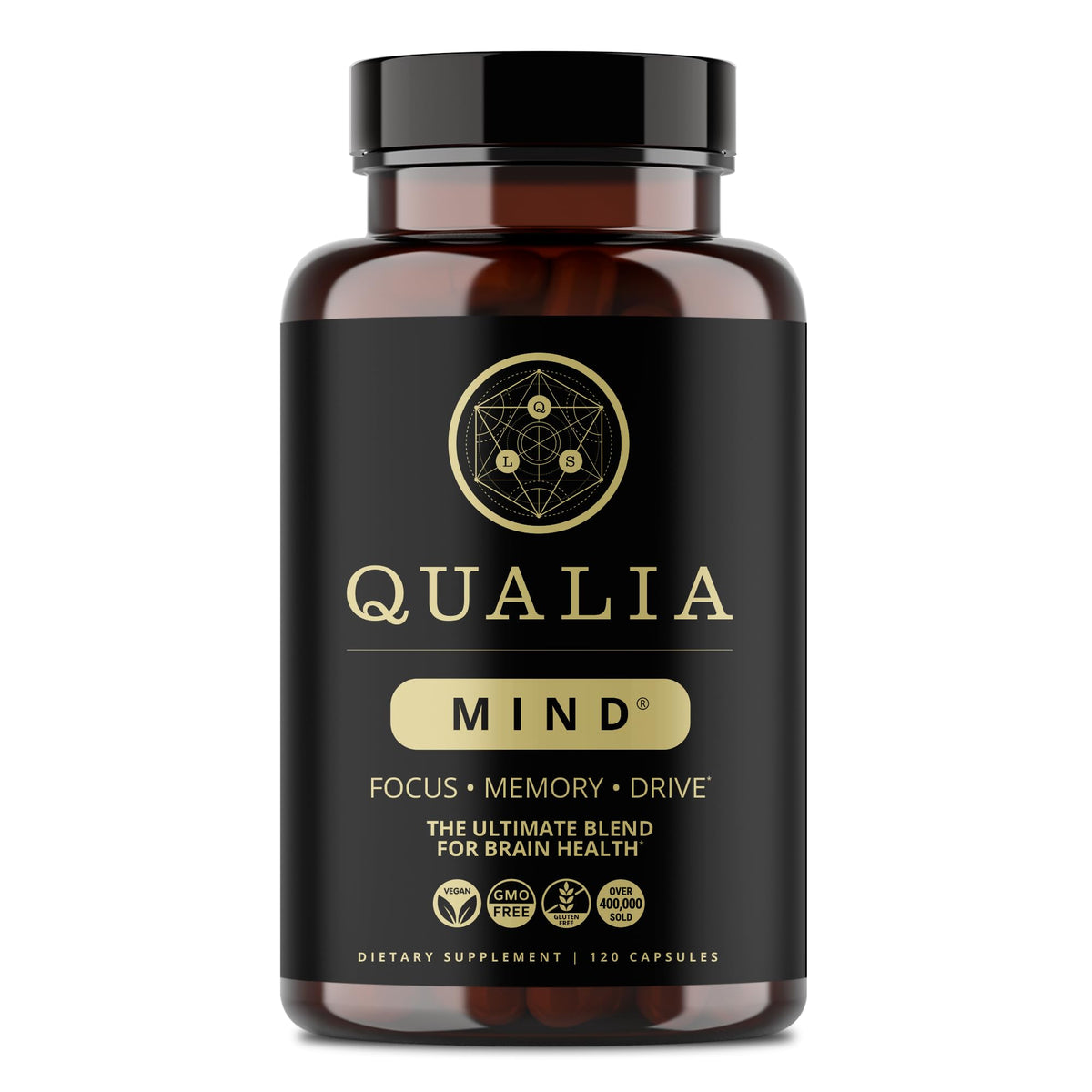 Qualia Mind, bouteille visible, favorise concentration et clarté mentale.