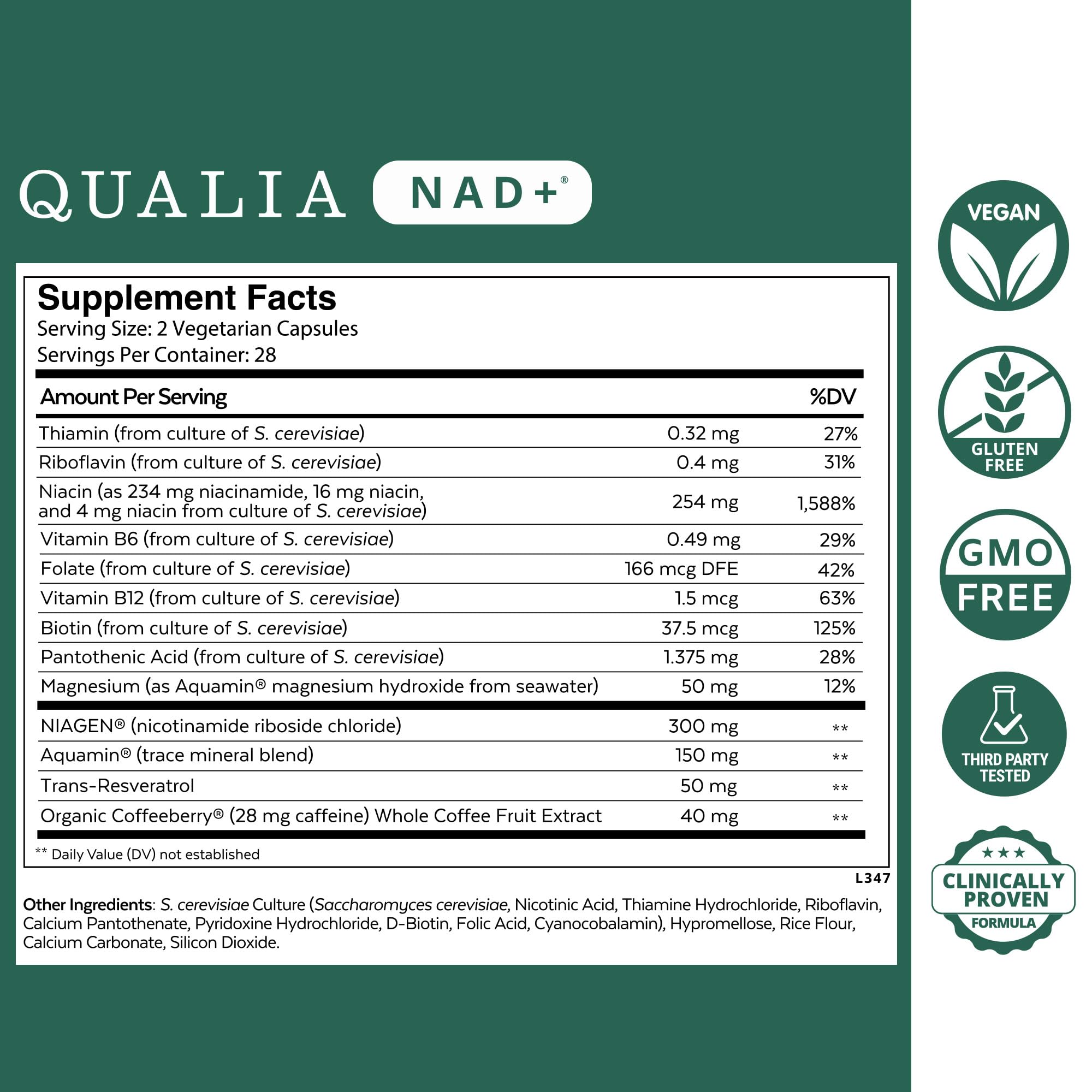 Qualia NAD : précurseurs Niagen, Niacin et Niacinamide pour NAD+.