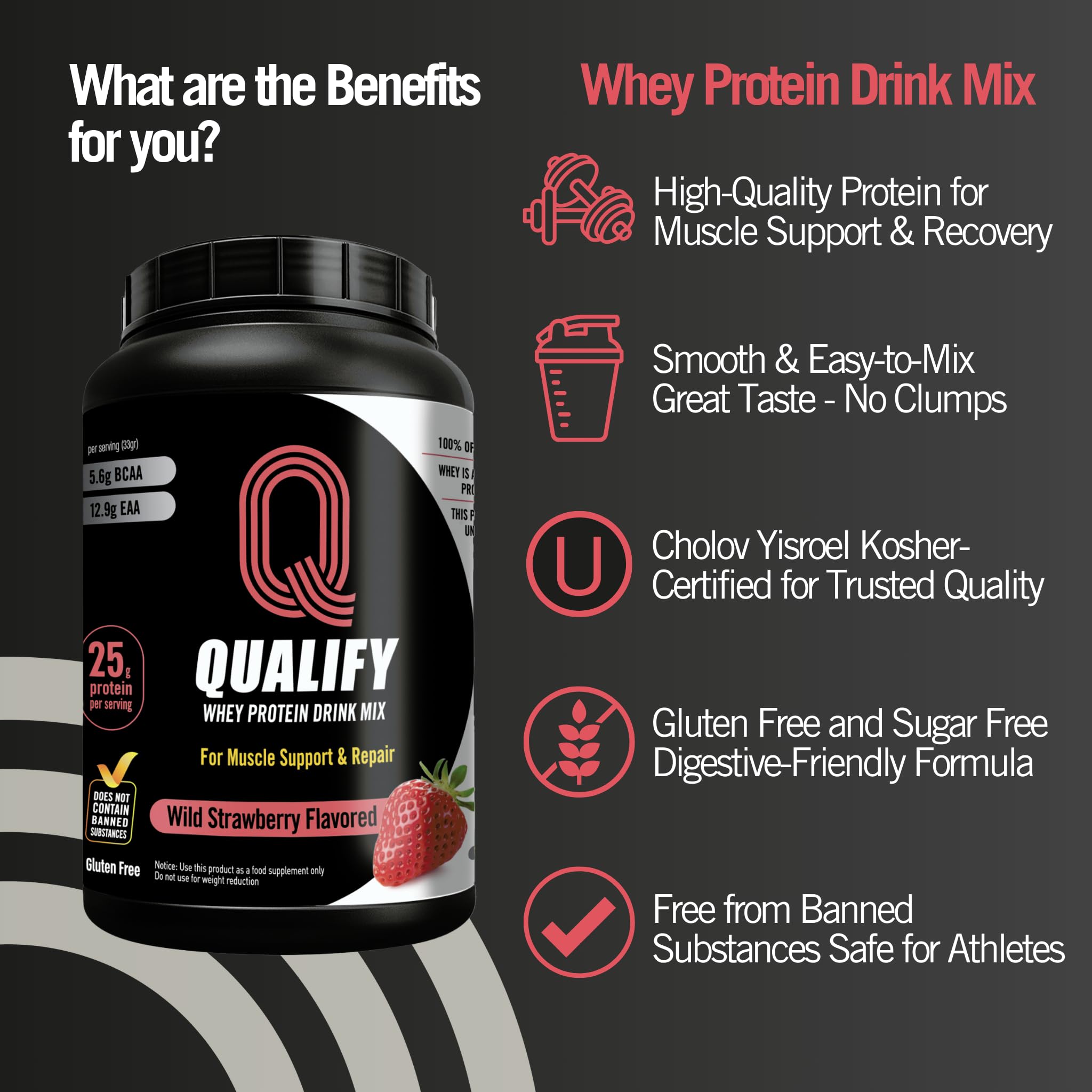 Qualify Poudre whey fraise, doseuse incluse pour dosages précis