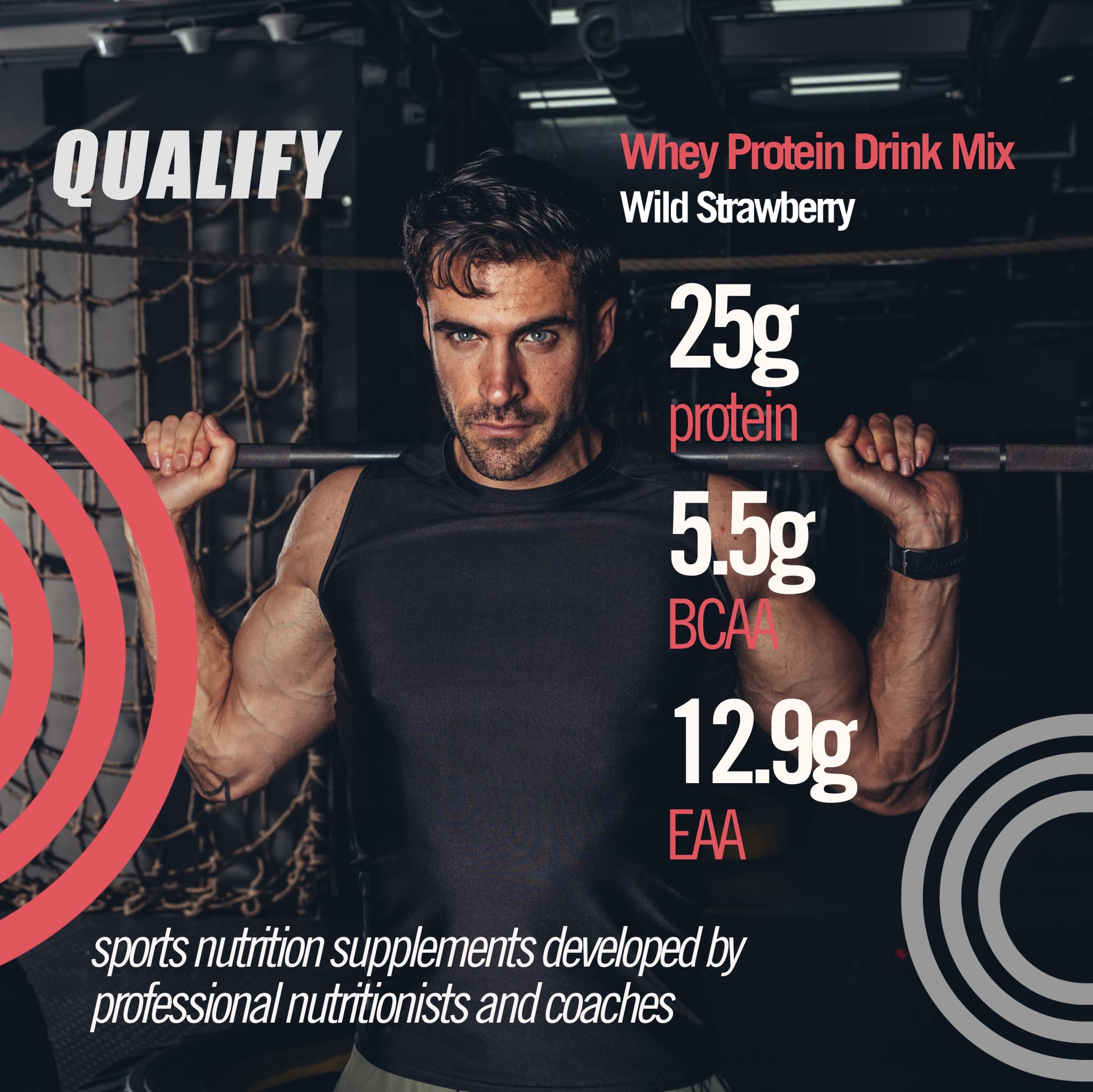 Qualify Whey fraise, gobelet préparation, boisson rapide post-entraînement