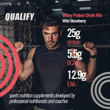 Qualify Whey fraise, gobelet préparation, boisson rapide post-entraînement
