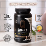Emballage Qualify whey chocolat noir 1,65 lb, pratique et facile à utiliser.