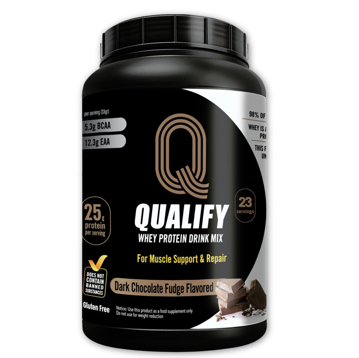 Qualify protéine whey chocolat noir en pot, récupération après entraînement facilitée.