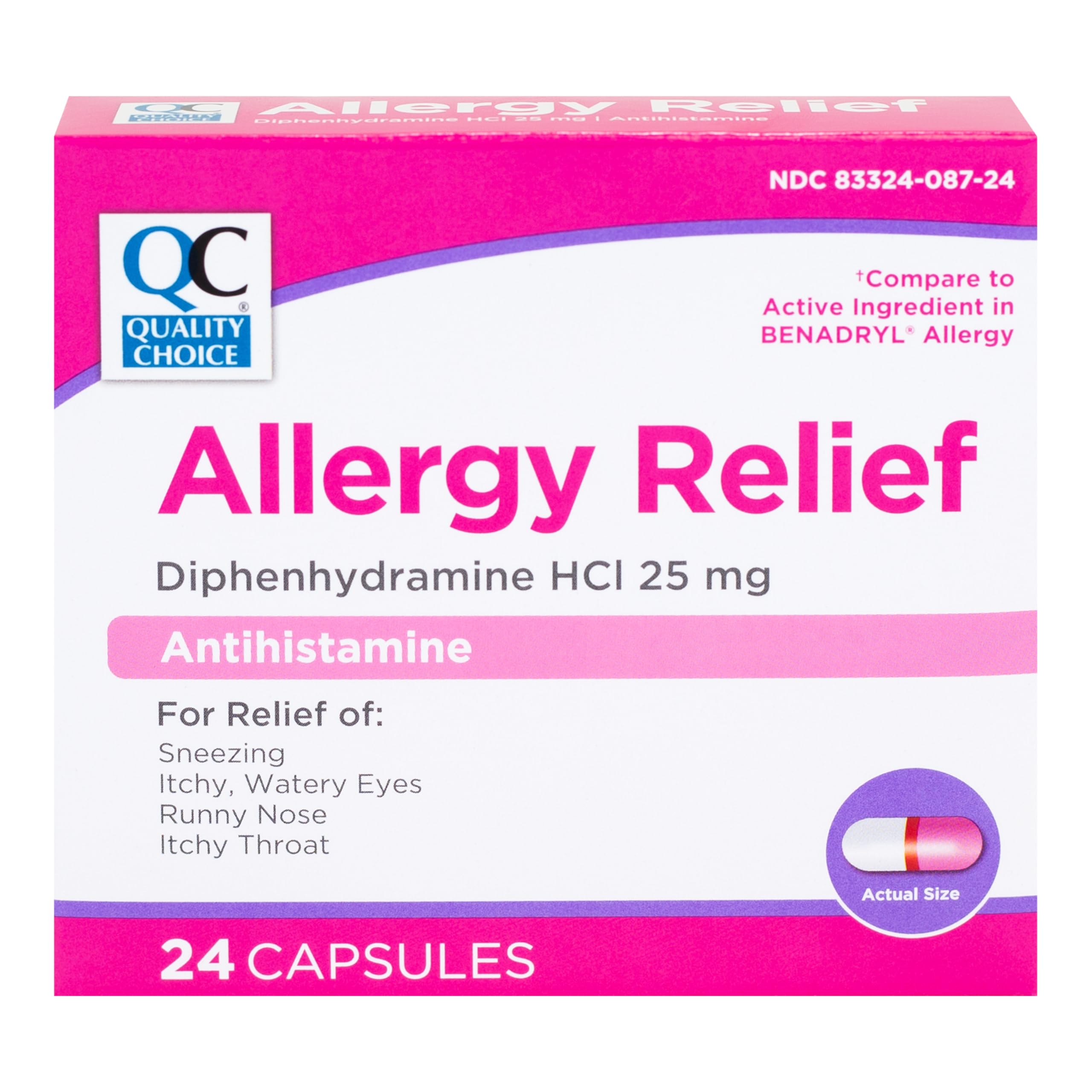 Quality Choice, bouteille de capsules d’allergie, soulagement rapide des éternuements et de l’écoulement nasal.