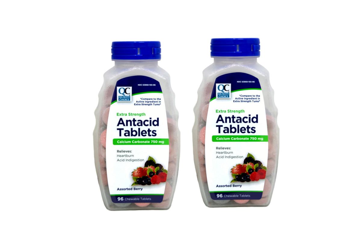 Quality Choice antiacide Forte — bouteille de comprimés à mâcher pratique.